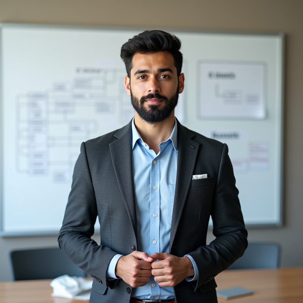 Marcos, financial consultant for nonprofit sector, standing near a whiteboard with organizational charts, business casual style
