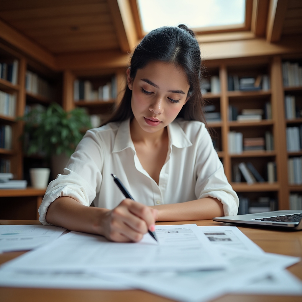 Consultant reviewing organizational financial documents at a desk with natural light