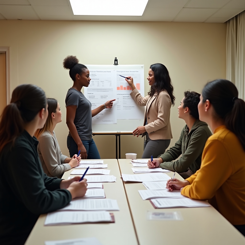 Cooperative members participating in a financial literacy workshop with documents and charts