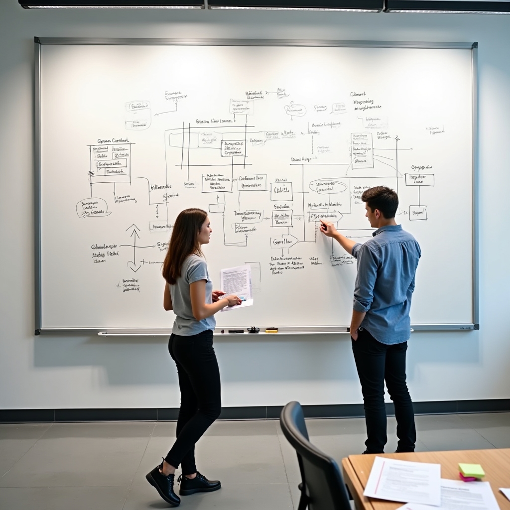 Consultant and nonprofit team mapping financial workflow processes on a whiteboard
