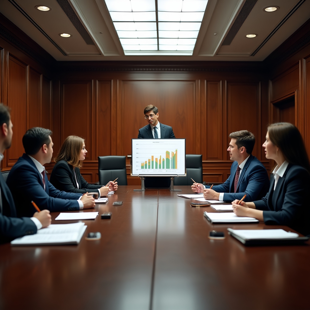 Foundation board members discussing financial reports in a conference room