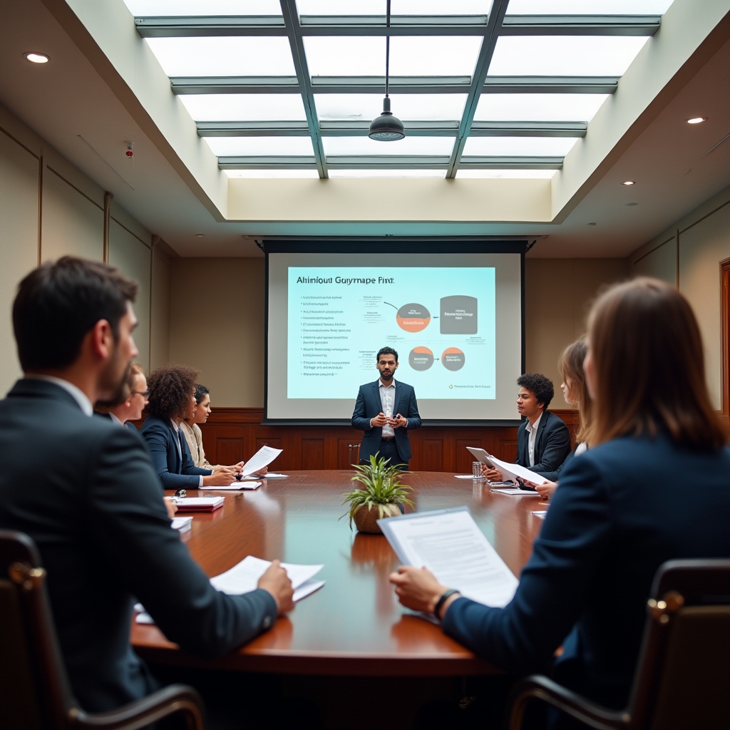 Board members of a civil association attending a financial governance training session with presentation materials