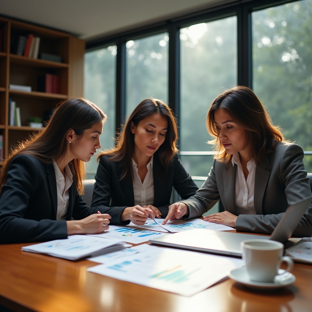Team reviewing financial documents in a professional meeting room